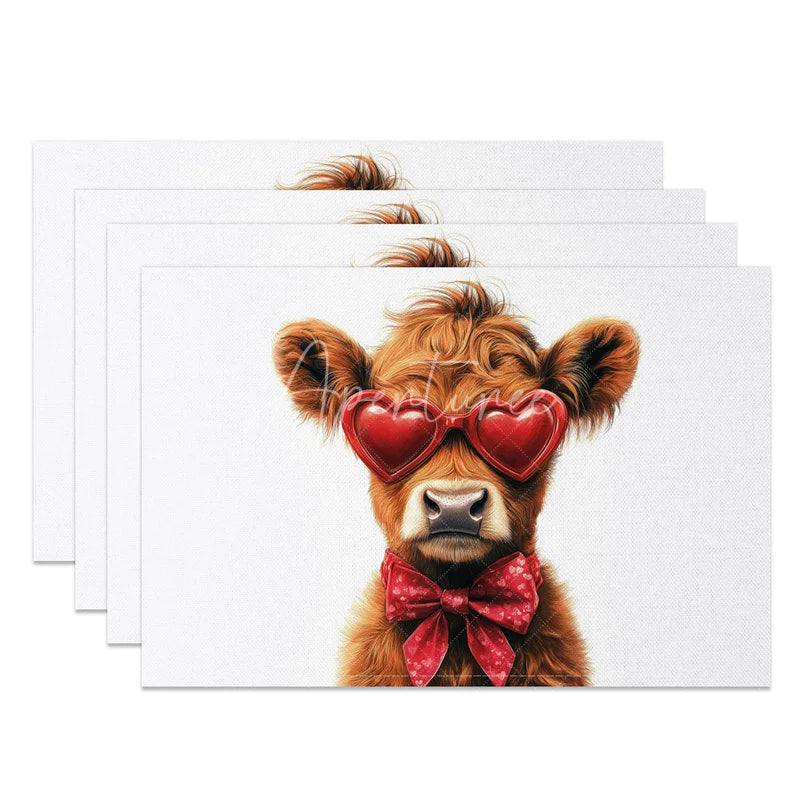 Aperturee - Aperturee Valentine Set of 4 Placemats Highland Cow Love Glasses Red Heart Pattern Bow Dining Table Mats