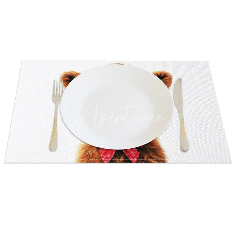 Aperturee - Aperturee Valentine Set of 4 Placemats Highland Cow Love Glasses Red Heart Pattern Bow Dining Table Mats