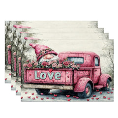 Aperturee - Aperturee Valentine Set of 4 Placemats Pink Truck with Roses Gnome Love Tailgate Farmhouse Dining Table Mats
