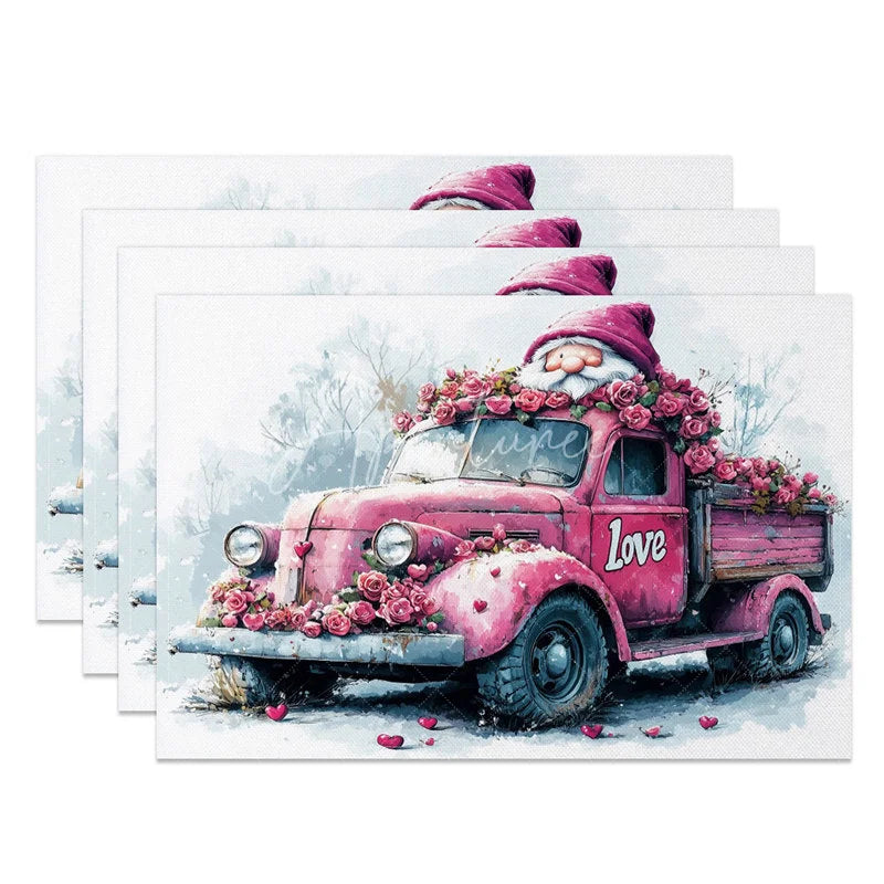 Aperturee - Aperturee Valentine Set of 4 Placemats Pink Vintage Truck Roses Gnome Love Door Rustic Farmhouse Table Mats