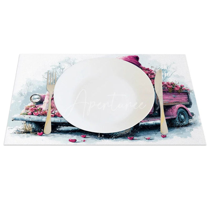 Aperturee - Aperturee Valentine Set of 4 Placemats Pink Vintage Truck Roses Gnome Love Door Rustic Farmhouse Table Mats