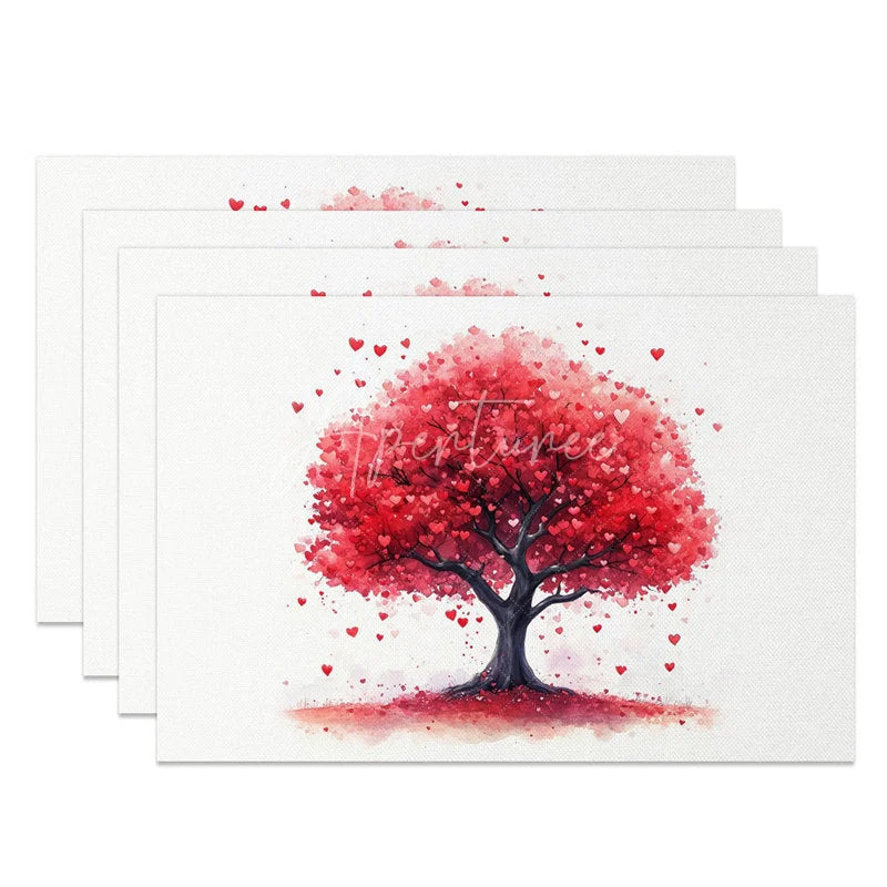 Aperturee - Aperturee Valentine Set of 4 Placemats Red Heart Leaves Tree Romantic Love Nature Theme Table Mats