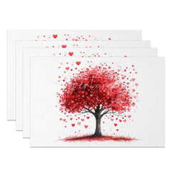 Aperturee - Aperturee Valentine Set of 4 Placemats Red Love Tree Falling Hearts Watercolor Romantic Dining Decor