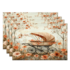 Aperturee - Aperturee Valentine Set of 4 Placemats Vintage Flower Carriage Retro Baby Pram Floral Dining Table Mats