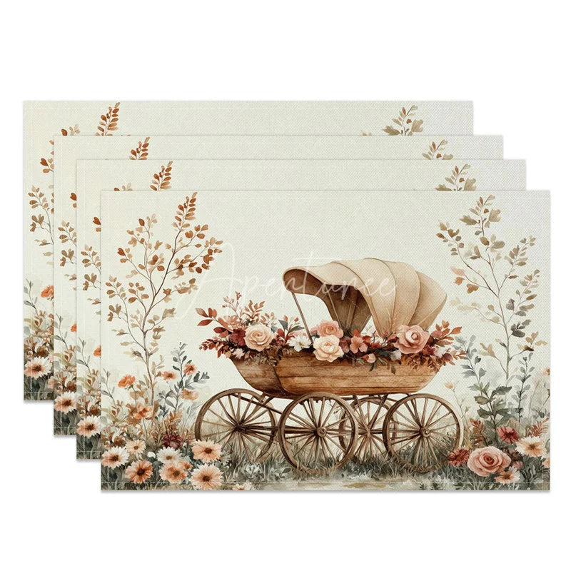 Aperturee - Aperturee Valentine Set of 4 Placemats Vintage Wooden Wagon Roses Rustic Floral Cart Dining Table Mats