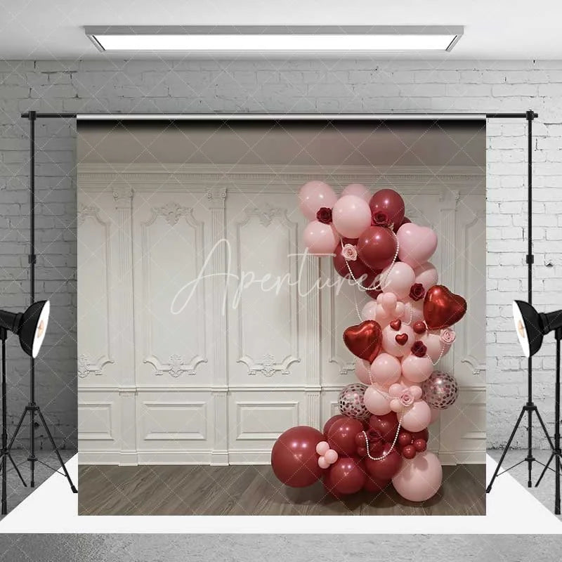 Aperturee - Aperturee Valentine’s Day Balloon Arch Backdrop Elegant White Wall Photography Background Pink Red Hearts Photo Prop