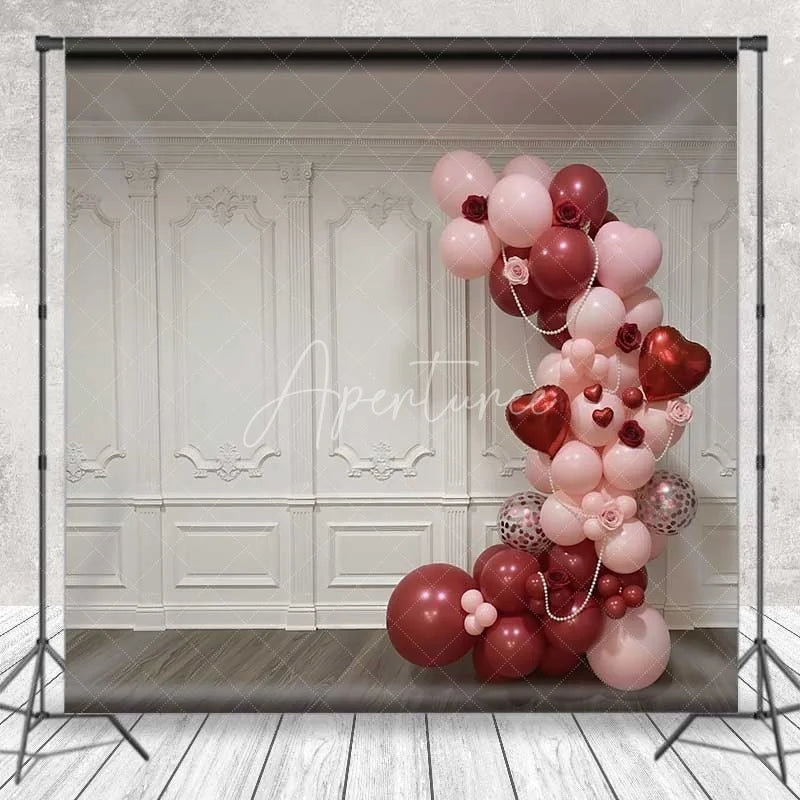 Aperturee - Aperturee Valentine’s Day Balloon Arch Backdrop Elegant White Wall Photography Background Pink Red Hearts Photo Prop