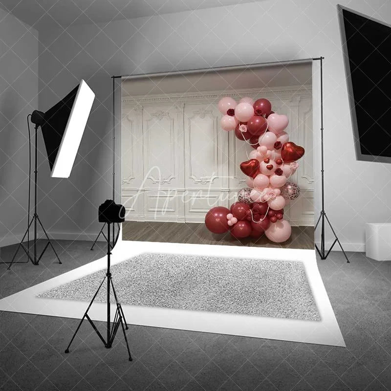 Aperturee - Aperturee Valentine’s Day Balloon Arch Backdrop Elegant White Wall Photography Background Pink Red Hearts Photo Prop