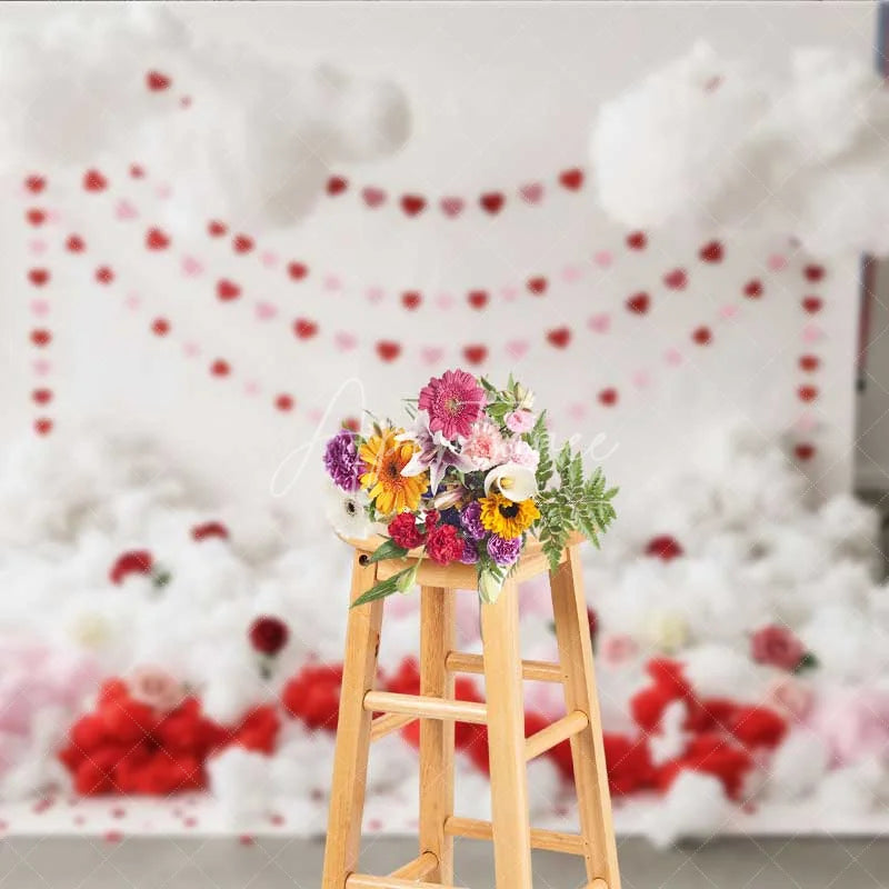 Aperturee - Aperturee Valentine’s Day Cloud Heart Garland Photography Backdrop White Fluffy Clouds Red Roses Photo Background Cupid Love