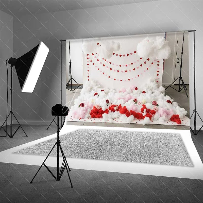 Aperturee - Aperturee Valentine’s Day Cloud Heart Garland Photography Backdrop White Fluffy Clouds Red Roses Photo Background Cupid Love