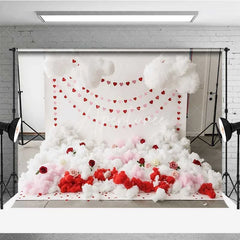 Aperturee - Aperturee Valentine’s Day Cloud Heart Garland Photography Backdrop White Fluffy Clouds Red Roses Photo Background Cupid Love