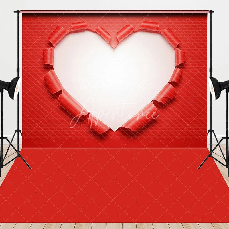 Aperturee - Aperturee Valentine’s Day Combo Set Backdrop Red Torn Paper Heart Photography Background Creative Hole Shape Photo Prop