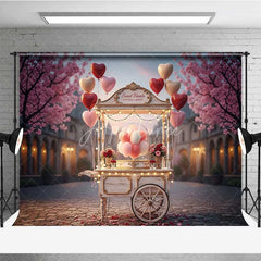 Aperturee - Aperturee Valentine’s Day Cotton Candy Cart Photography Backdrop Pink Heart Balloons Street Photo Background Sweet City Prop