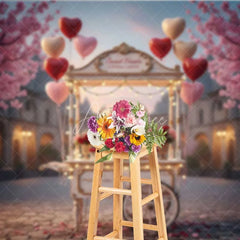 Aperturee - Aperturee Valentine’s Day Cotton Candy Cart Photography Backdrop Pink Heart Balloons Street Photo Background Sweet City Prop