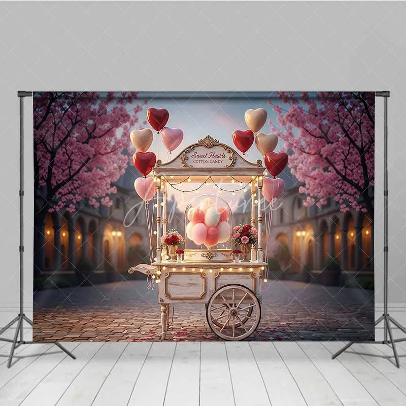 Aperturee - Aperturee Valentine’s Day Cotton Candy Cart Photography Backdrop Pink Heart Balloons Street Photo Background Sweet City Prop