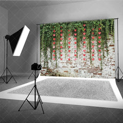 Aperturee - Aperturee Valentine’s Day Hanging Hearts Photography Backdrop Green Leaves White Brick Wall Photo Prop Rustic Love Decor