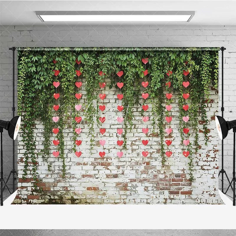 Aperturee - Aperturee Valentine’s Day Hanging Hearts Photography Backdrop Green Leaves White Brick Wall Photo Prop Rustic Love Decor