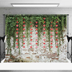 Aperturee - Aperturee Valentine’s Day Hanging Hearts Photography Backdrop Green Leaves White Brick Wall Photo Prop Rustic Love Decor