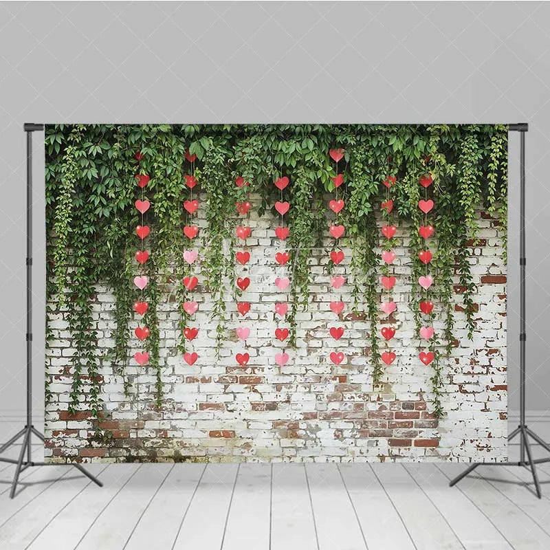 Aperturee - Aperturee Valentine’s Day Hanging Hearts Photography Backdrop Green Leaves White Brick Wall Photo Prop Rustic Love Decor
