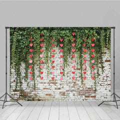 Aperturee - Aperturee Valentine’s Day Hanging Hearts Photography Backdrop Green Leaves White Brick Wall Photo Prop Rustic Love Decor