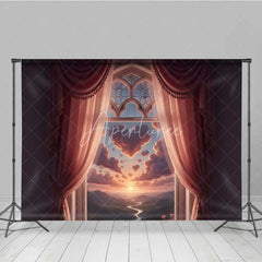 Aperturee - Aperturee Valentine’s Day Heart Cloud Window Photography Backdrop Pink Curtains Fantasy Sky Photo Background Dreamy View Prop