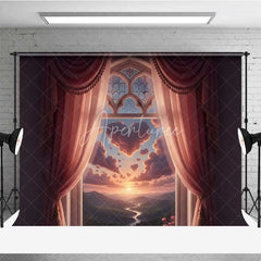 Aperturee - Aperturee Valentine’s Day Heart Cloud Window Photography Backdrop Pink Curtains Fantasy Sky Photo Background Dreamy View Prop