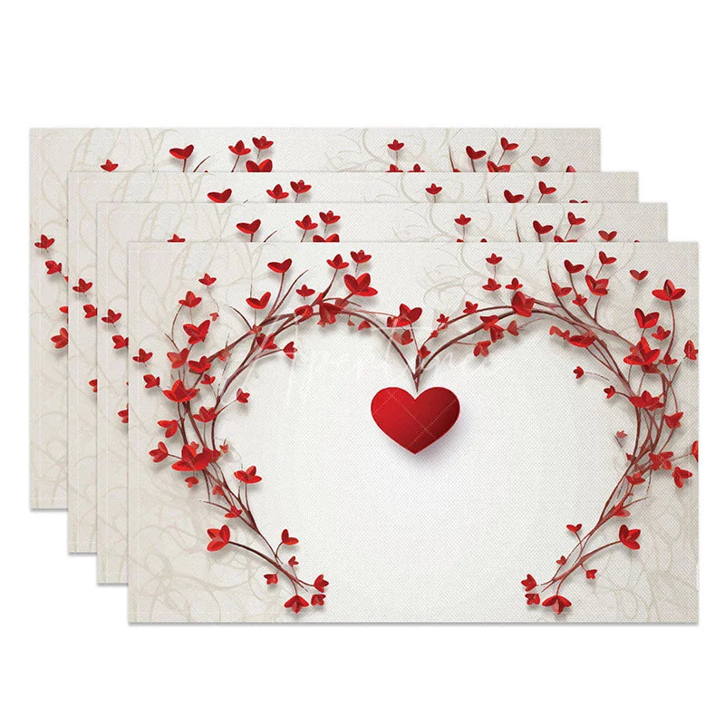 Aperturee - Aperturee Valentines Day Heart Vine Set of 4 Placemats Romantic Red Leaf Heart Table Mats for Anniversary Wedding Decor