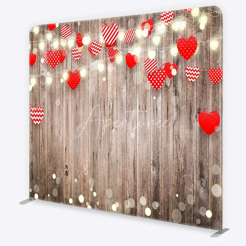 Aperturee - Aperturee Valentines Day Hearts Tension Fabric Backdrop Rustic Wood and Fairy Lights Party Decoration