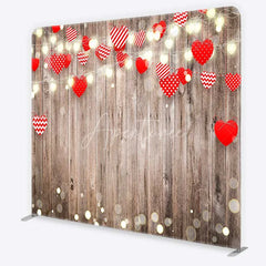 Aperturee - Aperturee Valentines Day Hearts Tension Fabric Backdrop Rustic Wood and Fairy Lights Party Decoration
