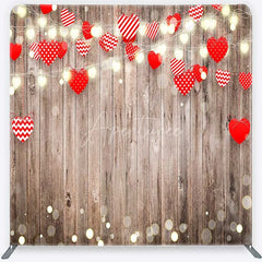 Aperturee - Aperturee Valentines Day Hearts Tension Fabric Backdrop Rustic Wood and Fairy Lights Party Decoration