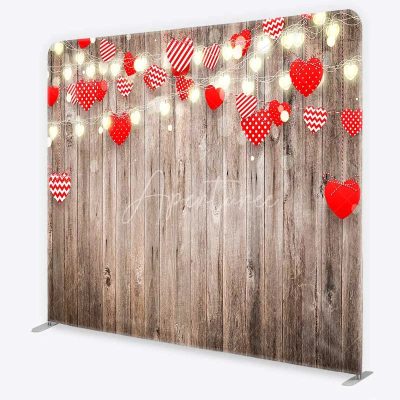Aperturee - Aperturee Valentines Day Hearts Tension Fabric Backdrop Rustic Wooden Fairy Lights Party Decor