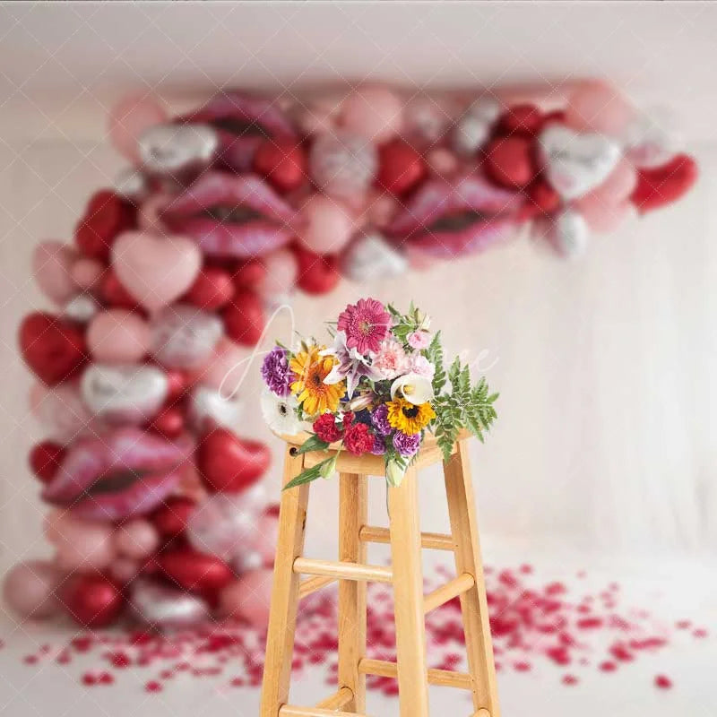 Aperturee - Aperturee Valentine’s Day Kiss Lips Balloon Arch Photography Backdrop Red Pink Silver Hearts Photo Background Romantic Party