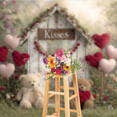 Aperturee - Aperturee Valentines Day Kisses Booth Backdrop Rustic Wood Shed with Teddy Bears and Heart Balloons