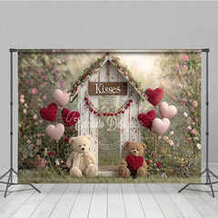 Aperturee - Aperturee Valentines Day Kisses Booth Backdrop Rustic Wood Shed with Teddy Bears and Heart Balloons