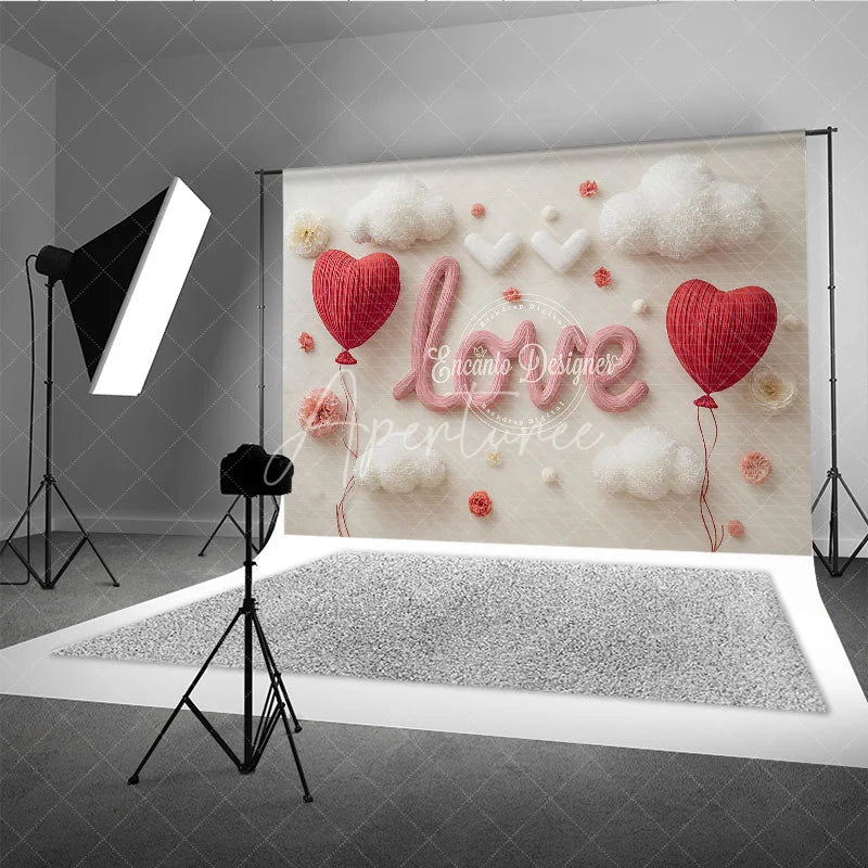 Aperturee - Aperturee Valentines Day LOVE and Red Heart Balloons Backdrop Romantic White Clouds and Flowers for Couples