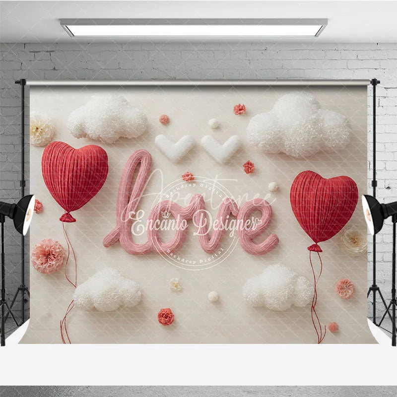 Aperturee - Aperturee Valentines Day LOVE and Red Heart Balloons Backdrop Romantic White Clouds and Flowers for Couples
