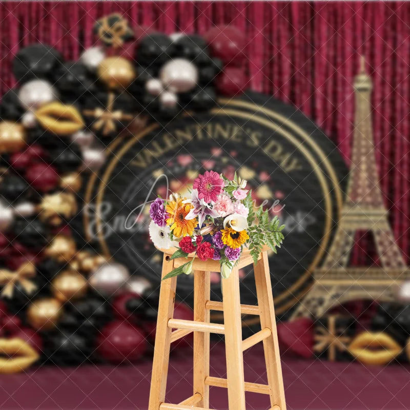 Aperturee - Aperturee Valentine’s Day Photography Backdrop Black Gold Eiffel Tower Lip Background Luxury Romantic Photo Prop