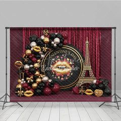 Aperturee - Aperturee Valentine’s Day Photography Backdrop Black Gold Eiffel Tower Lip Background Luxury Romantic Photo Prop