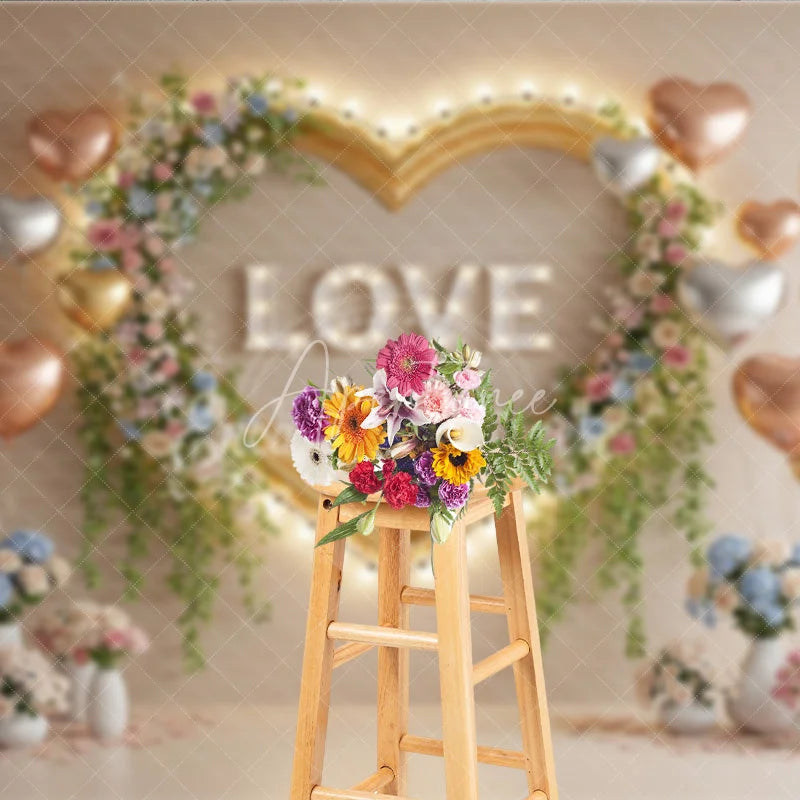 Aperturee - Aperturee Valentine’s Day Photography Backdrop Gold Heart Frame Marquee Light Background Floral Love Photo Prop