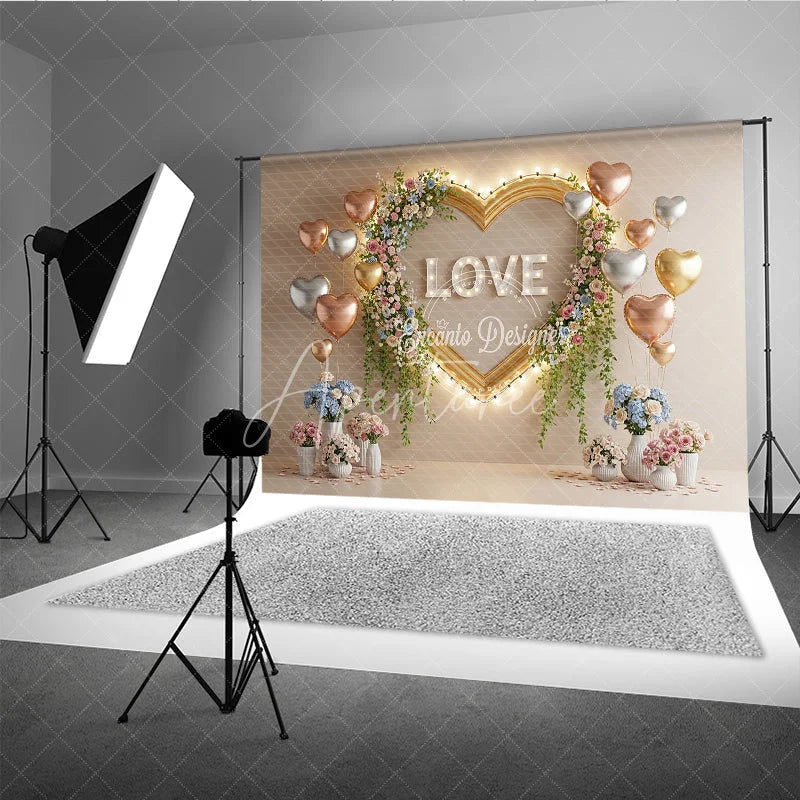 Aperturee - Aperturee Valentine’s Day Photography Backdrop Gold Heart Frame Marquee Light Background Floral Love Photo Prop