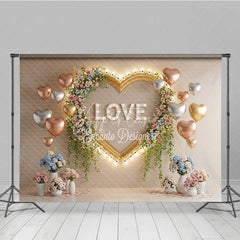 Aperturee - Aperturee Valentine’s Day Photography Backdrop Gold Heart Frame Marquee Light Background Floral Love Photo Prop