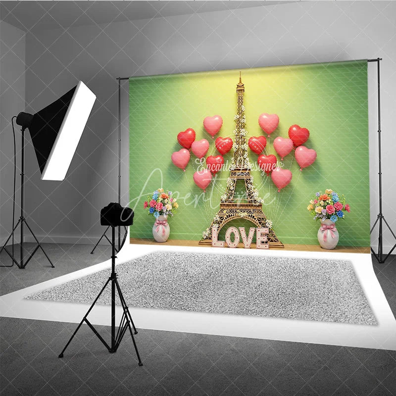 Aperturee - Aperturee Valentine’s Day Photography Backdrop Green Wall Eiffel Tower Heart Background Spring Love Photo Prop
