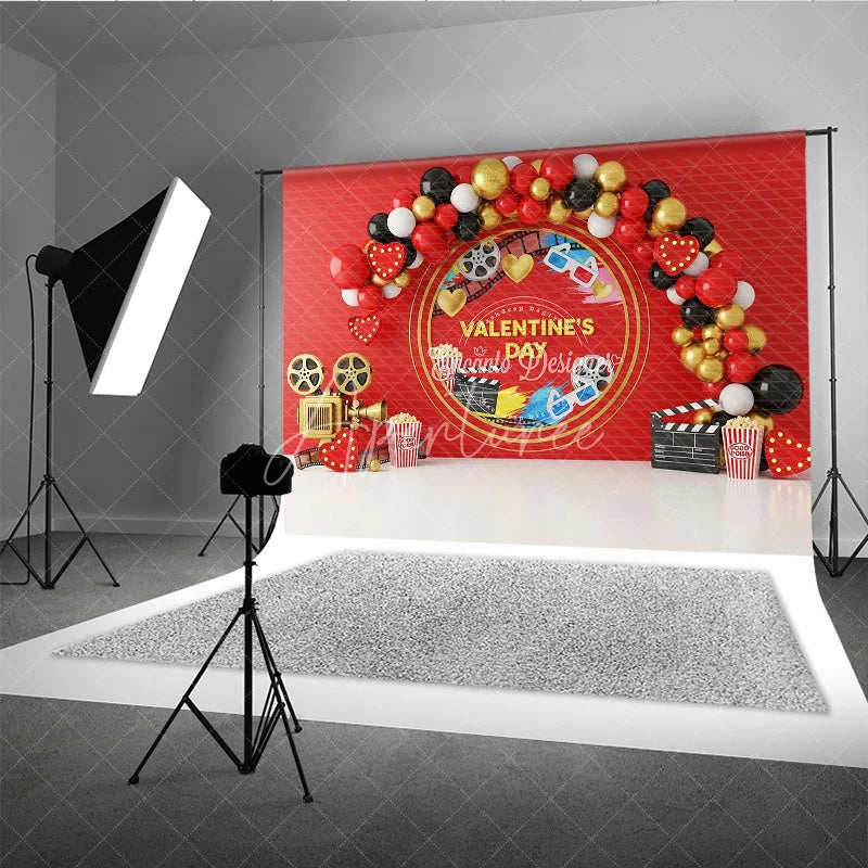 Aperturee - Aperturee Valentine’s Day Photography Backdrop Movie Night Cinema Popcorn Background Red Film Reel Photo Prop