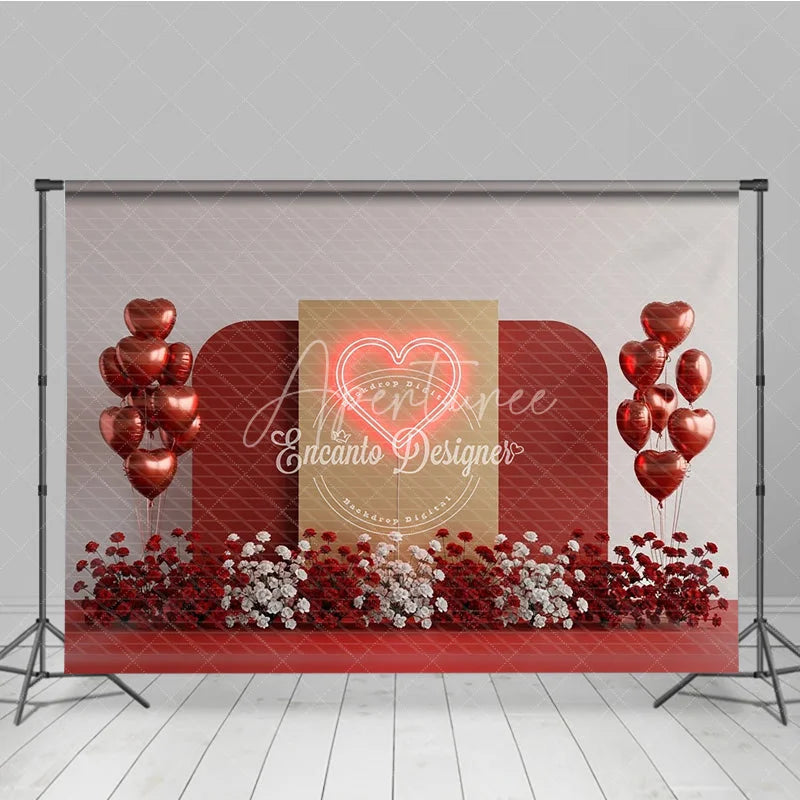 Aperturee - Aperturee Valentine’s Day Photography Backdrop Neon Red Heart Light Background Modern Romantic Photo Prop