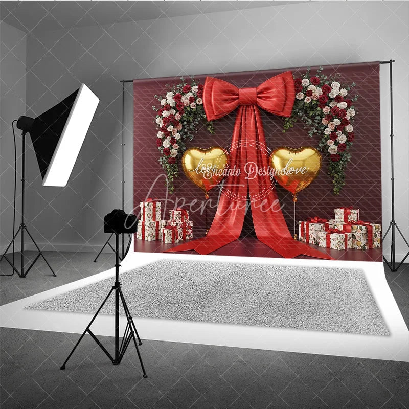Aperturee - Aperturee Valentine’s Day Photography Backdrop Red Bow Gold Heart Balloon Background Luxury Gift Photo Prop