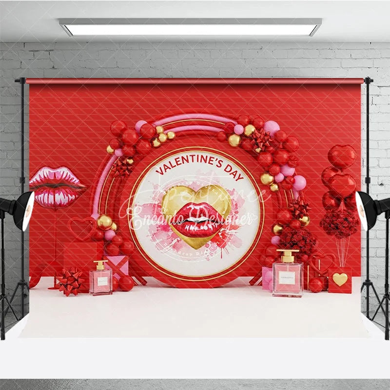 Aperturee - Aperturee Valentine’s Day Photography Backdrop Red Lip Balloon Perfume Background Romantic Kiss Love Photo Prop