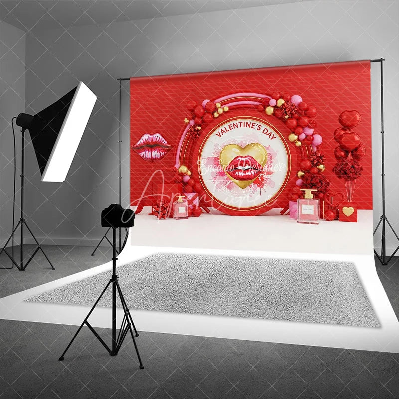 Aperturee - Aperturee Valentine’s Day Photography Backdrop Red Lip Balloon Perfume Background Romantic Kiss Love Photo Prop
