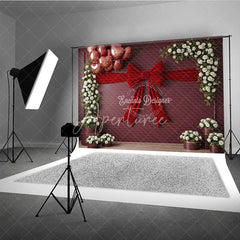 Aperturee - Aperturee Valentine’s Day Photography Backdrop Red Velvet Bow White Rose Background Romantic Floral Photo Prop
