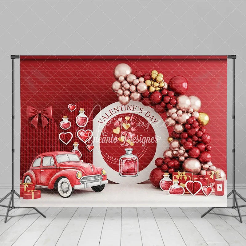 Aperturee - Aperturee Valentine’s Day Photography Backdrop Red Vintage Car Love Potion Background Romantic Balloon Arch Photo Prop