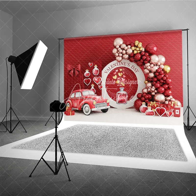 Aperturee - Aperturee Valentine’s Day Photography Backdrop Red Vintage Car Love Potion Background Romantic Balloon Arch Photo Prop